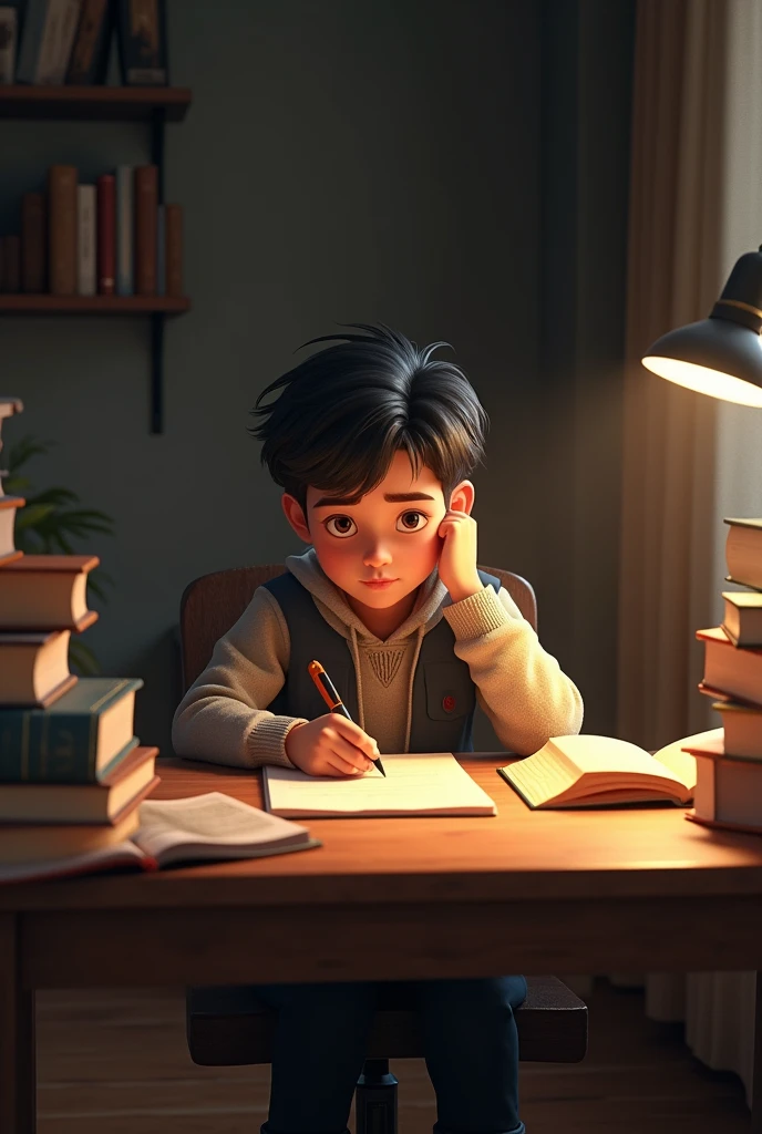 A boy sitting on study chair and studying 
