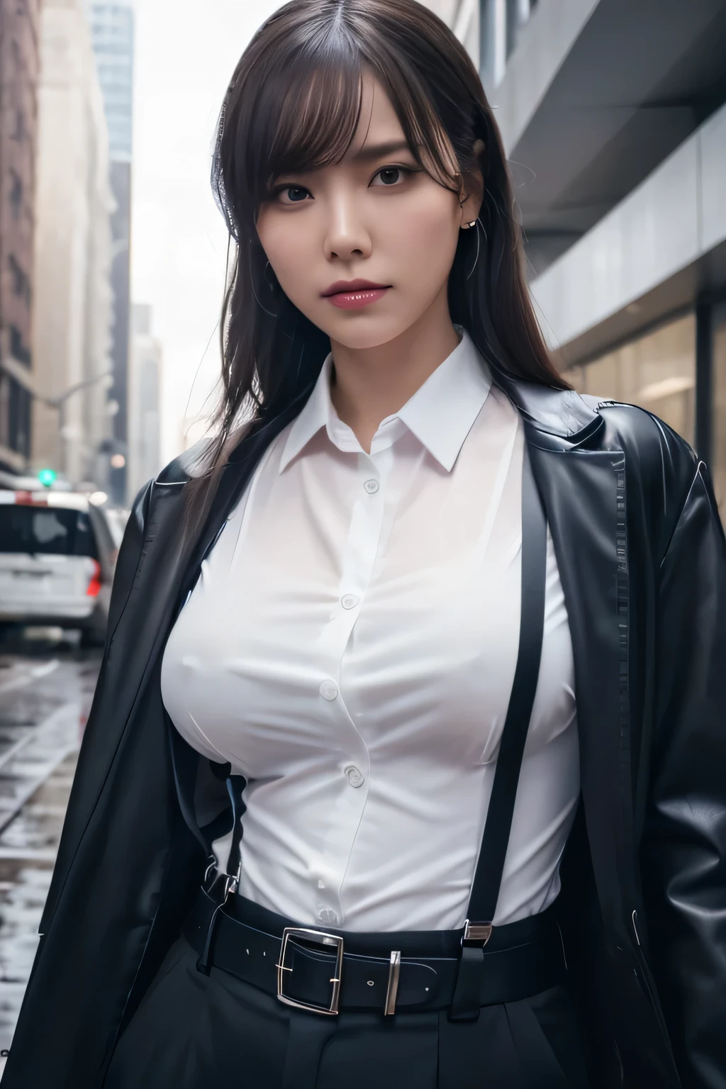 a woman in a suit, belt, hands behind back, sweating, suspenders, black pants, sexly, large breasts, see-through clothing, rain, detective, office worker, white button-up shirt, (best quality,4K,8k,highres,masterpiece:1.2),ultra-detailed,(realistic,photorealistic,photo-realistic:1.37),hyper-detailed,highly detailed face and body, Slender　thin　suspenders　Moderate breasts　See-through shirt　Nipples　holster　chain　Pistol　Armament　criminal　Female criminal　knife