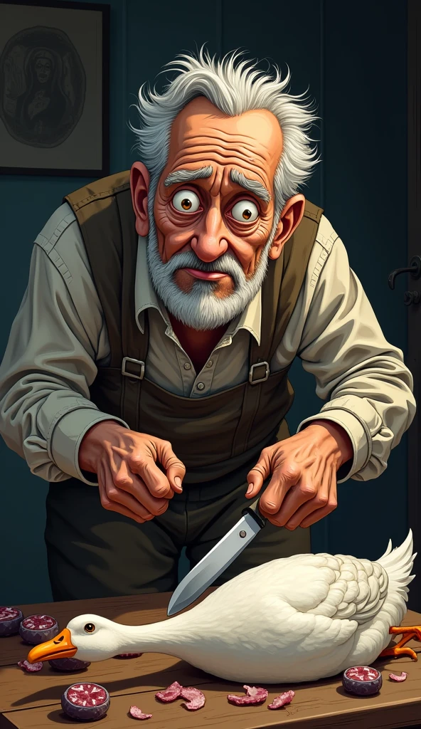 The old farmer’s face now shows a mix of shock and despair as he looks at the lifeless goose. His hands, which were holding a knife, now tremble as he realises what he has done. His clothes appear a bit disheveled, with a look of regret etched on his face.
The scene takes place inside the same room, but it now looks darker, with shadows creeping in. The lifeless goose is on the table, with the knife beside it. The table, once filled with golden eggs, is now empty, except for the ordinary-looking insides of the goose.
Show as cartoons