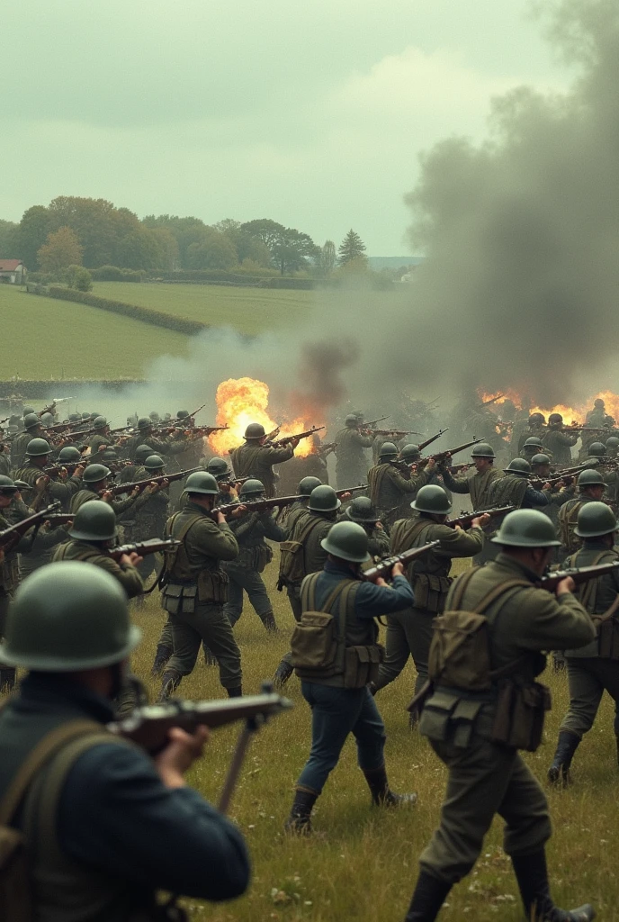 Create me an image of army currently on chaotic battle with the opponent in England in 1970