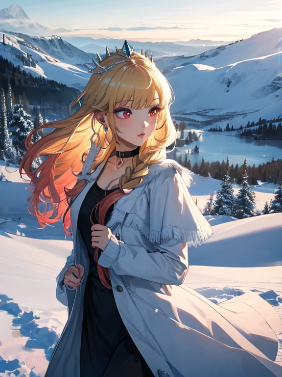 The snow queen:1.5, Snow Scenery, Kitagawa Marine, The background is snowy mountains, One girl, Blonde Hair, Long Hair, Multicolored Hair, Red eyes, jewelry, Earrings, Earrings, Black choker, uhd, retina, masterpiece, ccurate, anatomically correct, textured skin, super detail, high details, high quality, best quality, highres, 4K