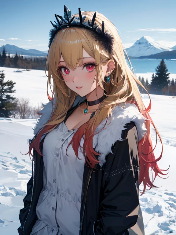 The snow queen:1.5, Snow Scenery, Kitagawa Marine, The background is snowy mountains, One girl, Blonde Hair, Long Hair, Multicolored Hair, Red eyes, jewelry, Earrings, Earrings, Black choker, uhd, retina, masterpiece, ccurate, anatomically correct, textured skin, super detail, high details, high quality, best quality, highres, 4K