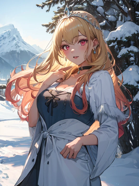 The snow queen:1.5, Snow Scenery, Kitagawa Marine, The background is snowy mountains, One girl, Blonde Hair, Long Hair, Multicolored Hair, Red eyes, jewelry, Earrings, Earrings, Black choker, uhd, retina, masterpiece, ccurate, anatomically correct, textured skin, super detail, high details, high quality, best quality, highres, 4K