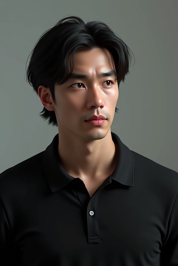 with round face　a man in his 40s 　Less hair　A dark-haired　Black eyes　Gentle look　businessman　frontage　Black　Illustration style　low nose　Thai