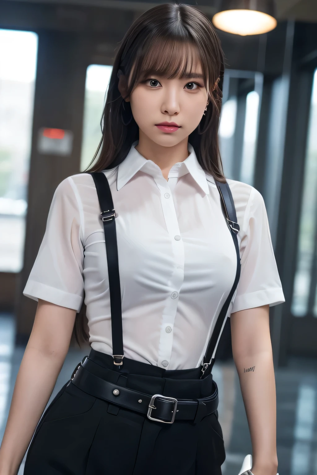 a woman in a suit, belt, hands behind back, sweating, suspenders, black pants, sexly, large breasts, see-through clothing, rain, detective, office worker, white button-up shirt, (best quality,4K,8k,highres,masterpiece:1.2),ultra-detailed,(realistic,photorealistic,photo-realistic:1.37),hyper-detailed,highly detailed face and body, Slender thin suspenders Moderate breasts See-through shirt Nipples holster chain Pistol Armament criminal Female criminal knife