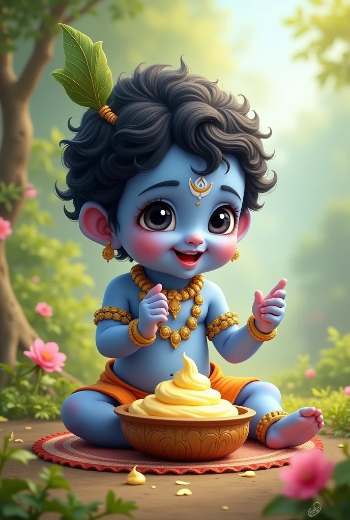 Cute krishna baby eating makhan , body color ( blue)