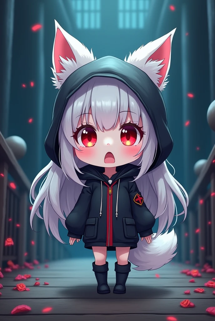 Chibi,cute,간단한 ship경,1 woman, alone, long_hair, looking for_~to_viewer, open_mouth, Red_eye, long_Sleeve, jacket, saturated_body, White_long hair, Boots, Hood, Chibi, Black color_footwear, Black color_jacket, Black color_eye, coloRed_skin, Hooded_jacket, Cloak, Abyss_ship, performance, Hood_consolation, White_skin, fox ears