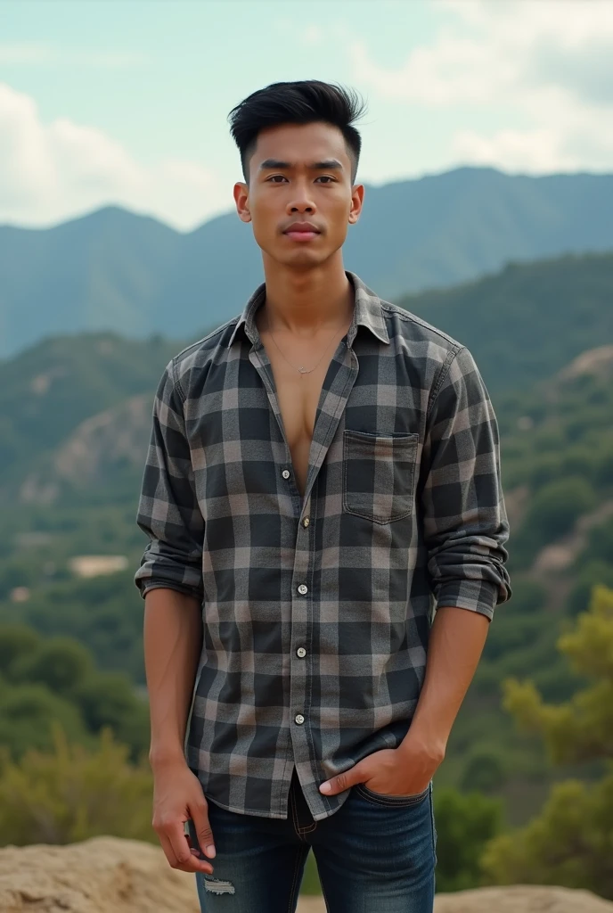 A handsome Indonesian man with a clean face, very short black hair with the sides faintly visible Athletic body , wearing a plaid shirt, slightly torn jeans, sneakers, with a Hollywood mountain background. Realistic hd