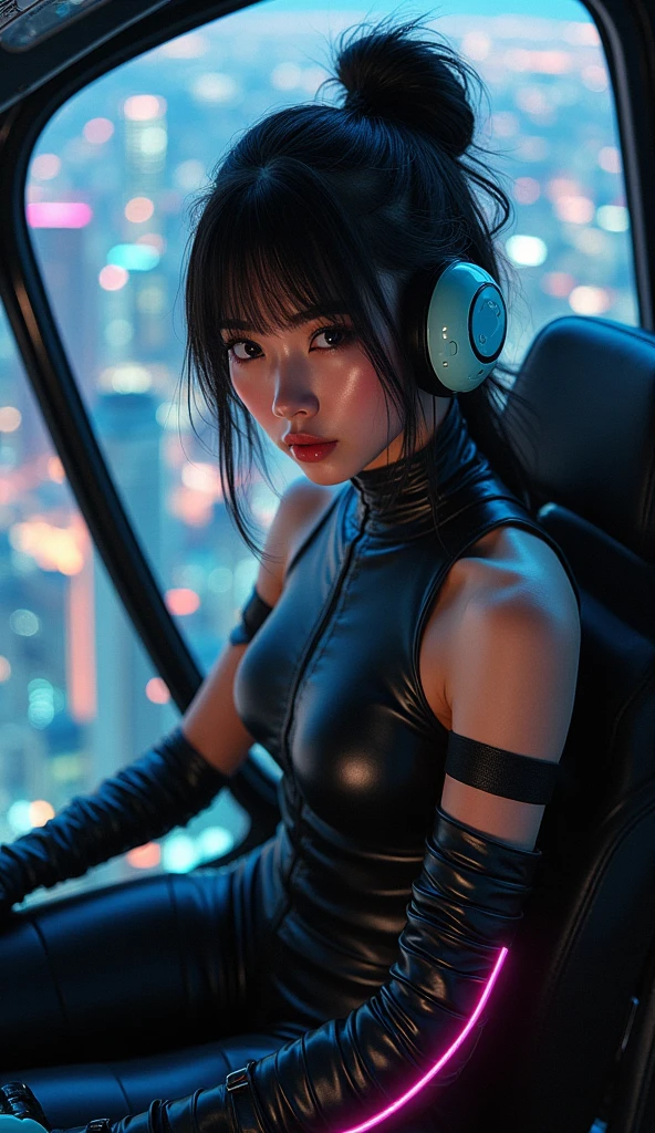 ultra-realistic, photorealistic, dramatic scene, shadow, global-illumination, (20 years old Japanese famous idol girl but experienced helicopter pilot:1.5), (She is piloting a helicopter and taking off from the top of the tallest building in cyber punk metropolitan:1.5), amazing view of skyscrapers at night, dynamic angle, acrobatic pose, masterpiece, (face focus:1.6), beautiful eyes, (wearing a cyber punk bodysuits with neon markers:1.3), very large breasts, beautiful face,
