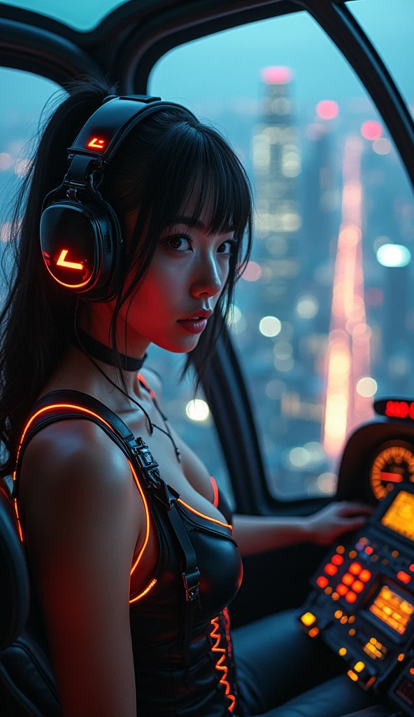ultra-realistic, photorealistic, dramatic scene, shadow, global-illumination, (20 years old Japanese famous idol girl but experienced helicopter pilot:1.5), (She is piloting a helicopter and taking off from the top of the tallest building in cyber punk metropolitan:1.5), amazing view of skyscrapers at night, dynamic angle, acrobatic pose, masterpiece, (face focus:1.6), beautiful eyes, (wearing a cyber punk bodysuits with neon markers:1.3), very large breasts, beautiful face, 