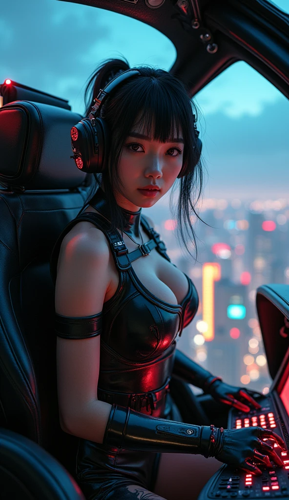 ultra-realistic, photorealistic, dramatic scene, shadow, global-illumination, (20 years old Japanese famous idol girl but experienced helicopter pilot:1.5), (She is piloting a helicopter and taking off from the top of the tallest building in cyber punk metropolitan:1.5), amazing view of skyscrapers at night, dynamic angle, acrobatic pose, masterpiece, (face focus:1.6), beautiful eyes, (wearing a cyber punk bodysuits with neon markers:1.3), very large breasts, beautiful face, 