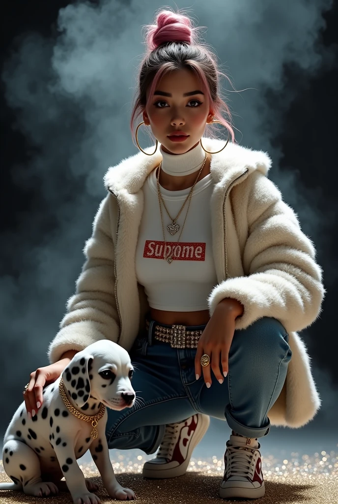 beautiful tanned japanese woman, wearing a designer fur puffer crop dalmatian print jacket , and white turtle neck t-shirt underneath the coat, write "SUPREME" with glitter on t-shirt, (t-shirt tucked in) (t-shirt underneath pants) tucked in the t-shirt inside underneath jeans pants, chain necklace, diamond rings, hoop earring, big diamond buckle leather belt, thick eyebrows, photorealistic, masterpiece, moncler, messy bun pink highlighted hair, open the jacket, lips pouting, pouts, void black background with smokes, glitters and particles and nice lighting, UHD, HDR, 8k, Masterpiece, beside her a big dalmatian puppy wearing gold collar, squatting on glittery floor, rap pose, squat pose, petting dog's head, eyes looking at camera.