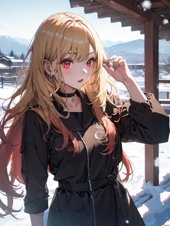 Kamakura, Snow Scenery, Kitagawa Marine, The background is snowy mountains, One girl, Blonde Hair, Long Hair, Multicolored Hair, Red eyes, jewelry, Earrings, Earrings, Black choker, uhd, retina, masterpiece, ccurate, anatomically correct, textured skin, super detail, high details, high quality, best quality, highres, 4K