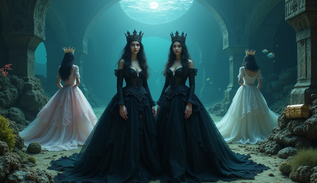 A full-body shot,(extra wide angle 16:9 a big ballroom) portrait. 2,  super realistic 18 y.o. gorgeous European vampire twin queens, Hyper-realistic blue sharp eyes, black long hair with black crowns, wearing necklaces and earrings 1:1 and 3 gorgeous queens girlfriends with light blonde long hair, wearing on head gold crowns with pink crystals. In a dark deep sea (big medieval ballroom very old realistic 1:3 in an old gothic palace), under the sea. Floating. Night scene.  Ripped many layered silk and lace medieval dresses floating. Frayed apart floating lace dresses. Gold garnish. The queens have a big light-colored very finely detailed eyes, black super-long hair. Their exquisite girlfriend queens with big bright blue finely detailed eyes 1:!. have an extra long flowing hair, gold crown. Pale pink and black beautiful lace dresses. Dresses in many layered lace and chiffon riven and flowing (Best perfect hands, five fingers on each hand.) Small breasts cleavage, (hyper realistic perfect eyes 1:3). Face with Pale perfect detailed skin. Hyper detailed skin on body. Queens surrounded by Perished under-water gothic palace 1:1 On the bottom of the sea are golden crowns 1:1, adorned with pink crystals 1:1. Bright colored blue, pink, orange, green fishes swimming around. Pink Corals. Sea moss. Octopus. Treasure chest with gold coins and jewelry in it. The scene a beautiful queens swimming ghostly, their super long 1:1 hair flowing all around. Sad. Scared. Crystal wine glasses—one tipped over and broken on the seafloor,. (Super detailed faces)1:1. Super detailed eyes)1:1. In a fantastic scene that uses 3D Surreal 3D model. Best eyes 1:1 The entire setup is masterpiece 1:3 framed with the grandeur of medieval gothic style. photographed in a Canon EOS R5, 50mm Lens, F/2.8, (8K)"
