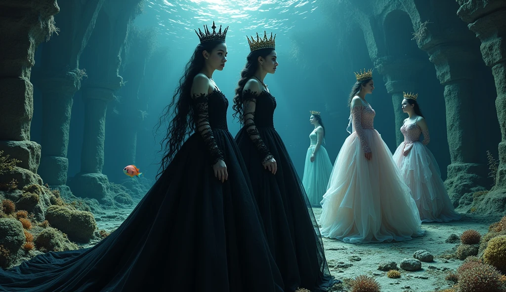 "A full-body shot of a (extra wide angle 1:1) portrait, in a dark deep sea (medieval ballroom very old) in an old gothic palace, under the sea. ((Super-big ballroom.)) 2 Pulchritudinous queens goddesses twin sisters wearing their diamond pink crystal crown and their 1 girlfriend, gorgeous blonde with perfect extra beautiful face, swimming around in the sea. Swimming down at the bottom with their feet up, swimming sideways. The queens have a big light-colored very finely detailed eyes, black super-long long hair. Their Exquisite girlfriend have an extra long hair also big bright blue finely detailed eyes.Their wearing black dresses. Pale pink, white, black with gold and diamond dresses. Dresses in many layered lace and chiffon riven apart and wet ( perfect hands, five fingers on each hand.) Small breasts cleavage, (hyper realistic perfect eyes 1:3). Face with Pale perfect detailed skin. Hyper detailed skin on body. Queens surrounded by Perished under-water palace 1:1 On the bottom of the sea are golden crowns, adorned with pink crystals 1:1. Bright colored blue, pink, orange, green fishes swimming around. Pink Corals. Sea moss. Octopus. Treasure chest with gold and jewelry in it. The scene a beautiful empresses swimming ghostly, their super long 1:1 hair flowing all around. Sad. Scared(Best Quality Detailed faces)1:1. A medieval fairytale vibe, with a big black intricate throne in a corner at the bottom with sea moss on it, a broken medieval chandelier with few broken ((candles unlit)), with no flames flickering in the underwater environment. On the seafloor, a large five-arm medieval-style candelabrum stands, its candles unlit, with no flames flickering in the underwater environment. In a fantastic scene that uses 3D Surreal 3D model. Big gold gothic medieval five armed on the seafloor, surrounded by crystal wine glasses—one tipped over and broken. The entire setup is masterpiece 1:3, capturing the essence of a queens trapped under Dark deep sea 8K.