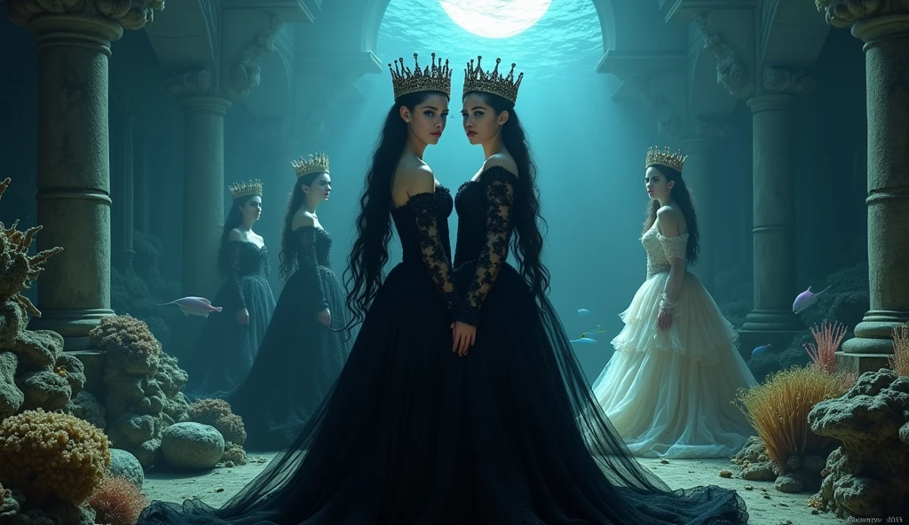 Extra wide angle 16:9 in a big ballroom. (2 super realistic 18 y.o. gorgeous European twin queens in front, dressed in a black ripped many layered medieval lace-dresses in many layered riven and flowing with gothic garnish. Hyper-realistic blue fine detailed eyes 1:1, black long flowing hair with black crowns 1:1 ). In the background are 3 more gorgeous queens with bright blue lovely eyes, light blonde long hair, wearing gold crowns with pink crystals and white and pale pink lace medieval dresses 1:2. All the queens have best perfect hands, five fingers on each hand, small breasts cleavage, (hyper realistic perfect eyes 1:1). Face with Pale perfect detailed skin 1:1. Hyper detailed skin on body 1:1. Their faces have pale colored perfect detailed skin 1:1. They are all floating in a dark deep sea above a((big medieval ballroom very old realistic 1:3) in an old gothic perished palace)) on the bottom of the sea. Night scene with only pale moonlight. On the bottom of the palace floor are pink corals. Sea moss. Bright colored blue, pink, orange, green fishes swimming around. Octopus. Treasure chest with gold coins and jewelry in it. A fantastic scene that uses 3D Surreal 3D model. (((Best eyes))) The entire setup is masterpiece 1:3 framed with the grandeur of medieval gothic style. photographed in a Canon EOS R5, 50mm Lens, F/2.8, (8K)"