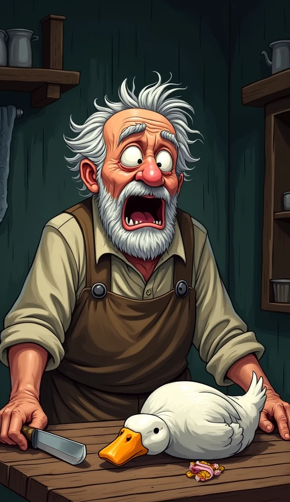 The old farmer’s face now shows a mix of shock and despair as he looks at the lifeless goose. His hands, which were holding a knife, now tremble as he realises what he has done. His clothes appear a bit disheveled, with a look of regret etched on his face.
The scene takes place inside the same room, but it now looks darker, with shadows creeping in. The lifeless goose is on the table, with the knife beside it. The table, once filled with golden eggs, is now empty, except for the ordinary-looking insides of the goose.

Show as cartoons 