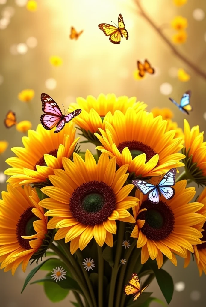 a wedding boquet of sunflowers with butterflies in the background