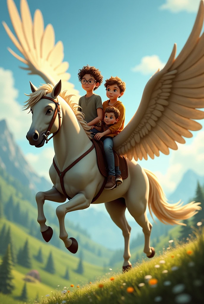 A beautiful horse with long wings , 3 kids were sitting on its back.
I need 3 kids
Meg girl with curly hairs wearing glasses
, thin tall
boy
and little charles welqlace .