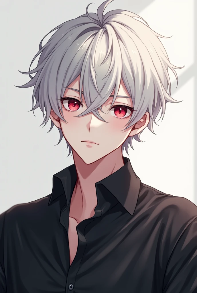 1 adult boy, white hair, short hair, messy hair, light red eyes, handsome, ikemen, beautiful and elegant, black shirt, soft, looking you, fancy, masterpiece, high quality, professional art, anime from link click style, basic art, with front view
, lazy vamvire