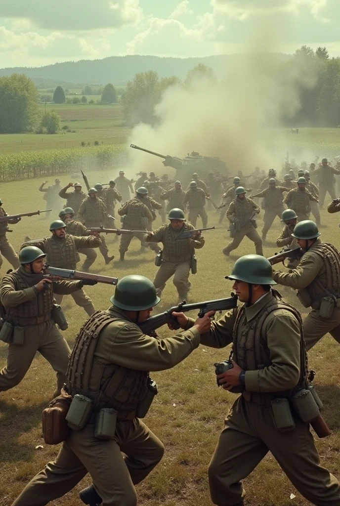 Create me an image of army currently on chaotic battle with the opponent fighting face to face in England in 1970