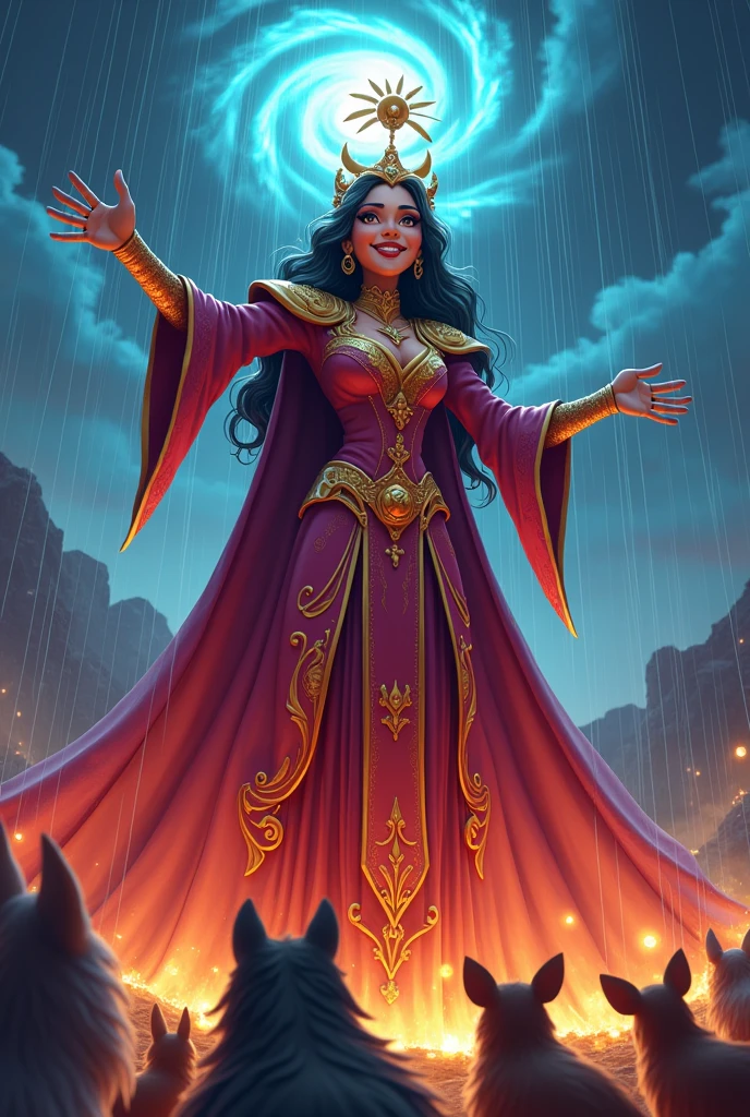 Cartoon 3d image style "Queen Sheetal stands tall, raising her arms to use her magical powers. The sky above her is dark with storm clouds, and rain begins to pour down, starting to douse the flames. The animals watch in anticipation, huddling together.