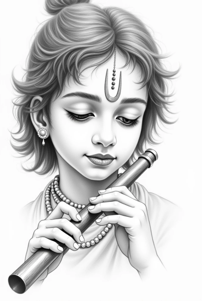 Shrikrishna, pencil sketch using pencil on white papaer ,only face with bansuri