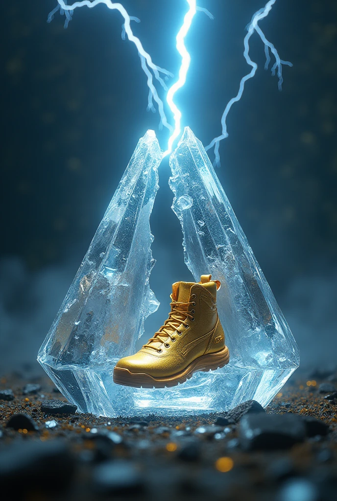 A dimond Crystal Rock divide but still conected by lightning, inside it a golden boot, written on it CR7