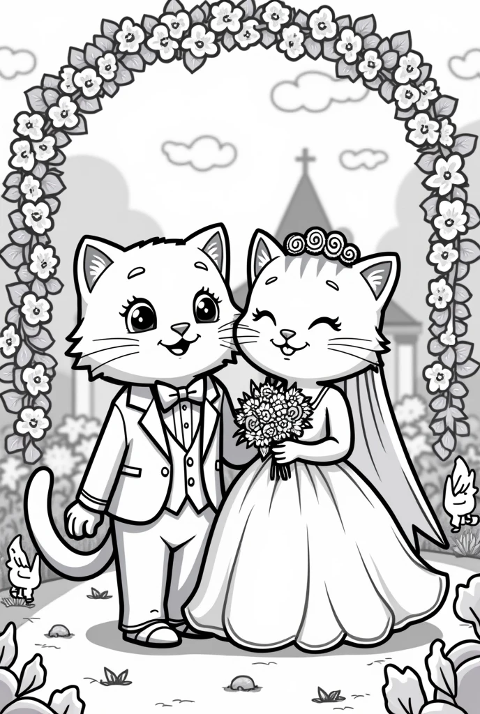 A line art for a children's coloring book with a Pixar-style wedding theme of two cats getting married