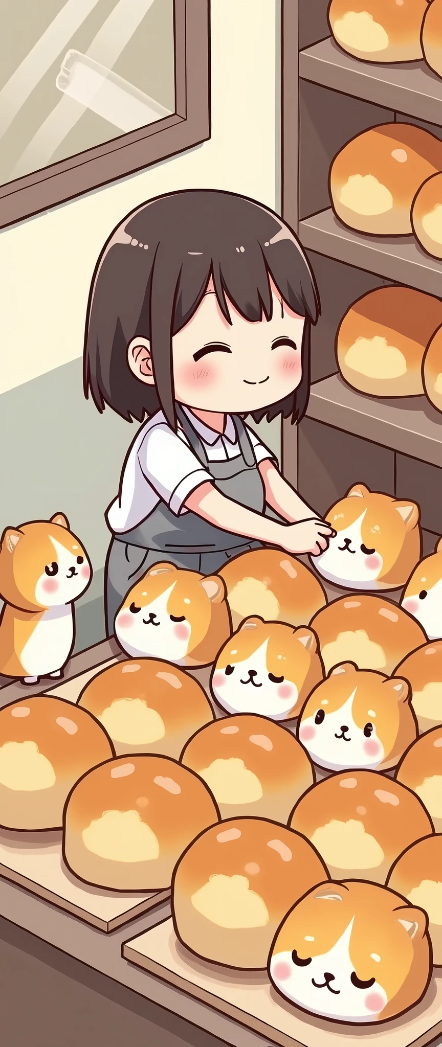 (masterpiece:1.2, Highest quality,Ultra-high resolution,Super detailed),8k,(wallpaper),(Best illustrations:2.0),(Cute chibi woman working in a bakery:2.0),(The bakery has々A square arrangement of bread featuring small calico cat characters with relaxed expressions in the style of Rilakkuma.,Bakery Shop,Very simple design),(isometric illustration)