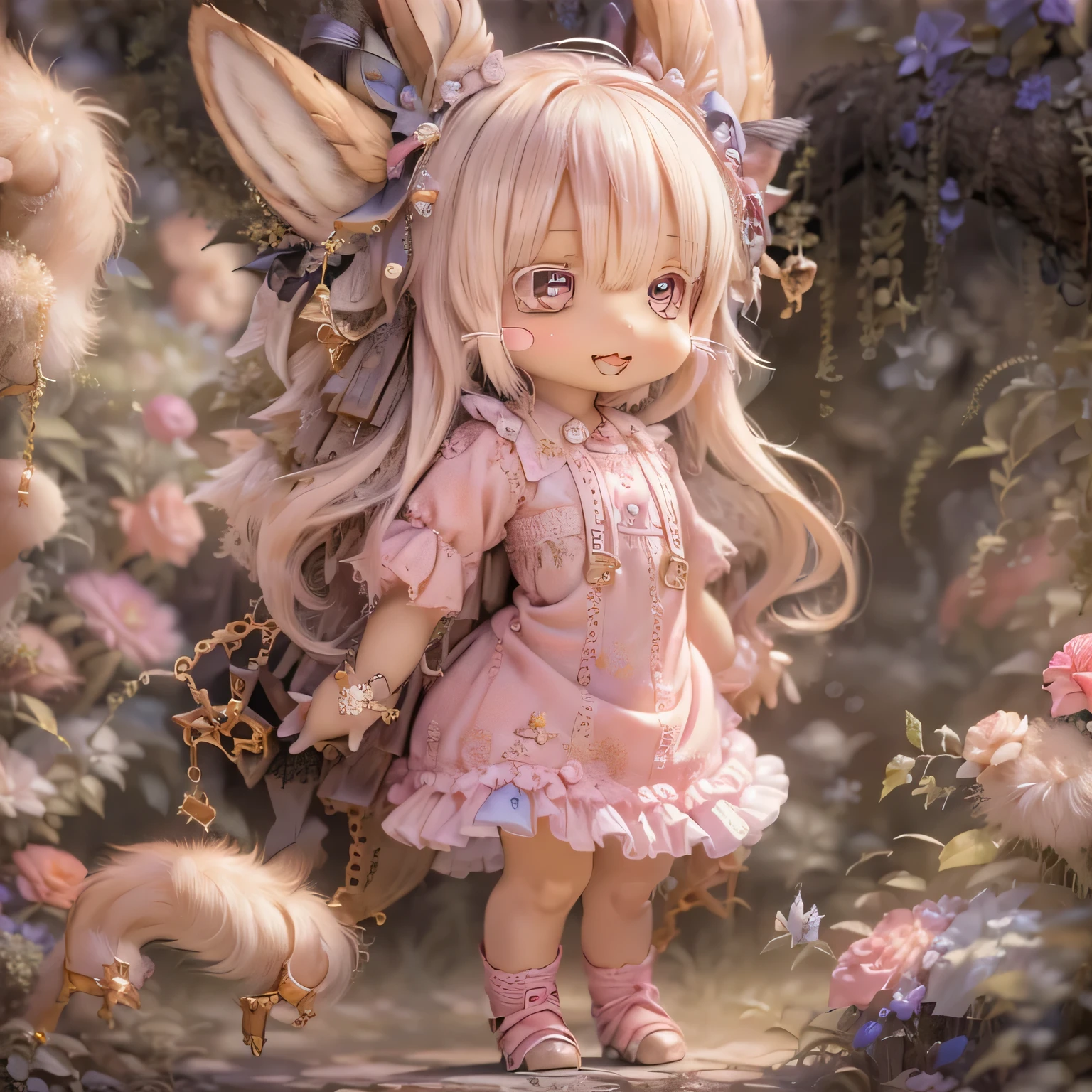 in the garden, smile, Similar to Nanachi from Made in Abyss. She is beautiful, Beautiful eyes and lips. (((Chibi Style,))) . Image quality is excellent, Highly detailed and realistic features. The medium of this work is、Combining illustration and photorealistic rendering.. The colors are vivid、The lighting creates a warm and bright atmosphere。 whole body(((((Cute pink dress)))))Contrasting cute poses
