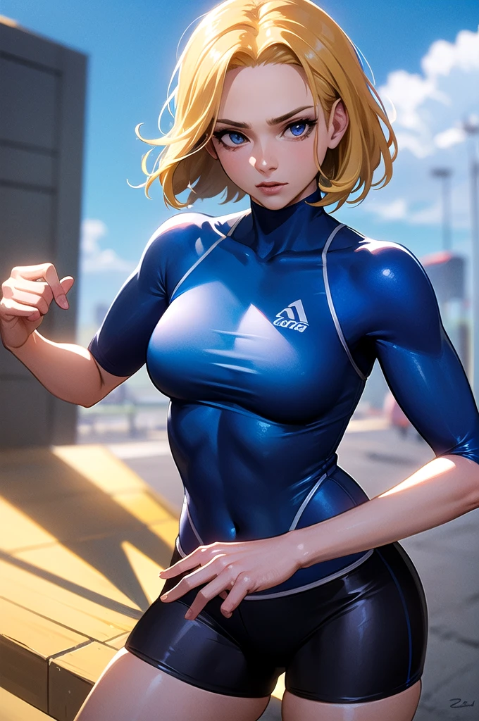 (turtleneck tight sports bras+shiny royalblue) , shiny blue eyes,(light navyblue compression shorts) ,stunning statuesque long legs athletic woman,american college age , middle breasts, realistic, powerful fighting pose with dynamic motion , beautiful blonde hair flowing,airy shortbob, dandelion color hair highlights, forehead visible and parted bangs, gamecg ,high quality, 8k, cinematic lighting, dramatic shadows, vivid colors