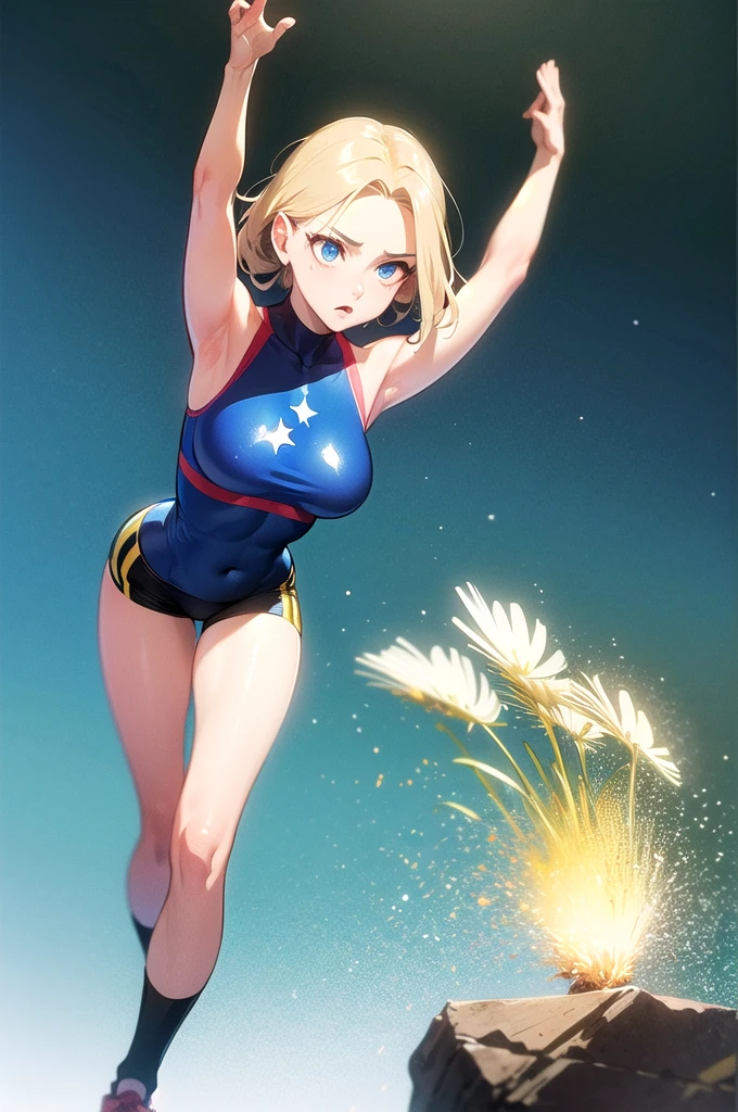 (turtleneck tight sports bras+shiny royalblue) , shiny blue eyes,(light navyblue compression shorts) ,stunning statuesque  long legs athletic woman,american college age   , middle breasts, realistic,  powerful fighting pose with dynamic motion , beautiful blonde hair flowing,airy shortbob, dandelion color hair highlights,  forehead visible and parted bangs, gamecg ,high quality, 8k,  cinematic lighting, dramatic shadows, vivid colors