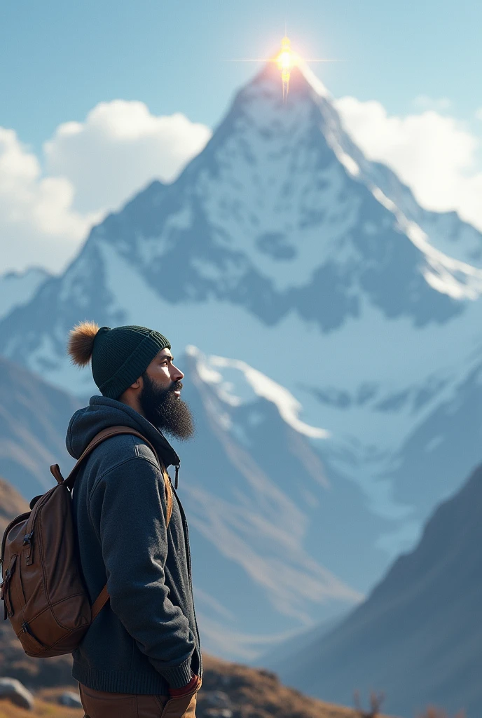 a Indian 30 years boy is at down and looking up to the kailash mountain, he wears style sweater, monkey cap, bag, style shoes. He has long beard. Weather is so cool. On the top centre of Kailash mountain, one thing should be shining.