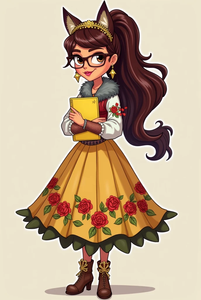 Imagem da filha da Ramona Badwof e da Rosabella Beauty de Ever After High: You have to have your hair in a long wavy brown ponytail with bangs and dark red highlights, first of all, light brown eyes, brown glasses with a red rose, long white blouse with red roses and green leaves on the blouse and sleeves, golden skirt with golden roses, a faux fur collar around the neck of gray color, brown high heel boots with roses, golden flower tiara on head, wolf earrings, wolf pendant, and holding a yellow tablet with a red rose in her arms