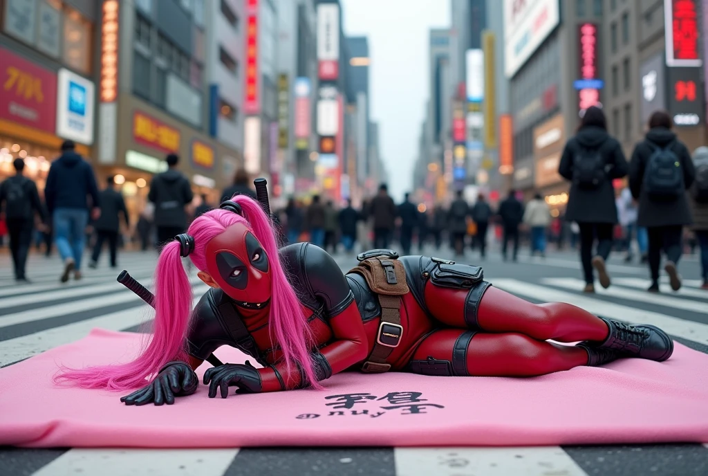 (Japanese middle-aged woman), (40 years old), (Deadpool costume and makeup:1.2), Deadpool woman with pink hair and twin tails、In the middle of Tokyo's scramble crossing「mu-mi」She is lying on a pink bath mat with the words、Surrounded by passers-by。