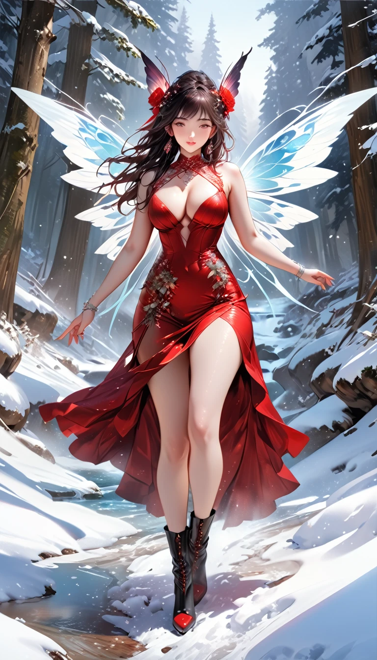 (oil painting art: 1.5) a most beautiful fairy playing in the snow, a beautiful fairy, spread butterfly wings, dynamic hair color, dynamic hair style, busty, wearing red silk dress, intricate silk, wearing high heels boots, she is playing the snow, fresh snow in the forest, high snow, High Detail, Ultra High Quality, High Resolution, 16K Resolution, Ultra HD Pictures, Ultra Realistic, Clear Details, Realistic Detail, Ultra High Definition