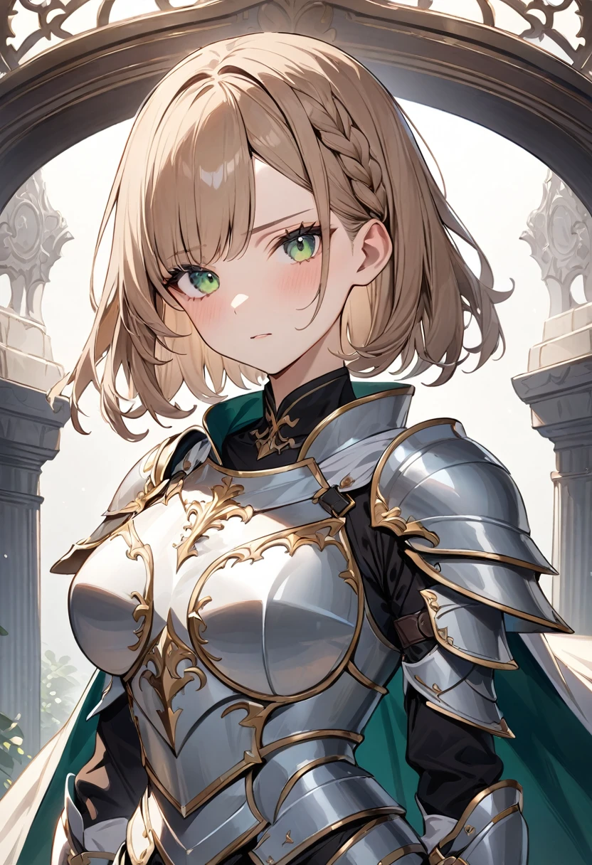 (masterpiece, top quality, very aesthetic, 4k、illustration), ()、intricate detail, 1woman,solo,contrapposto 、(gradient eyes、tareme)、hand on your chest、very short hair、asymmetrical bangs,Fair skin,(upper body)、beautiful women、clear face、Serious Face、(Full Plate Armor、waist-cape armor),beautiful face、(gradient hair)、(braid light brown hair)、sidelock ,,green eyes、Knight Armor、Full Body white Armor、medium breasts、slender 、Cape