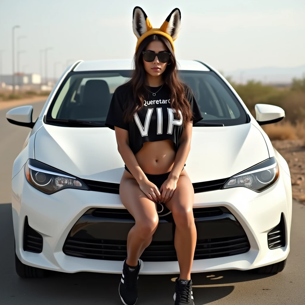 Latin woman, 18 years, huge breasts, athletic body, Athletic legs, black lingerie, fox ears, Black t-shirt cut to the navel with the legend: Queretaro VIP", Sunglasses, black Adidas tennis shoes, sitting on the hood of a white 2016 Toyota Corolla, on a deserted road