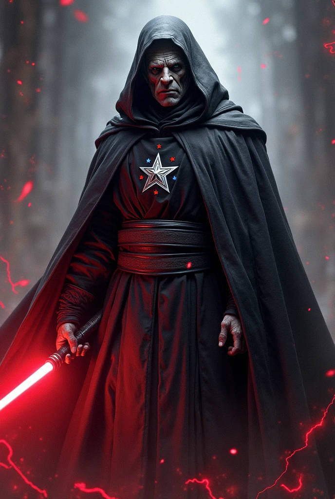 The country Chile as a Sith Lord from Star Wars, angular grey face, red, white and Blue star, red lightsaber, agressive, frightening, ultra-realistic