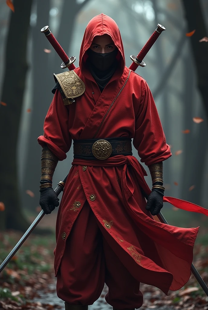 Ninja with two swords on his back with suit of red color with golden