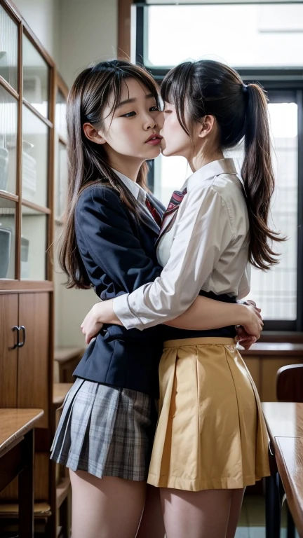 Two Japanese women、live-action、Highest quality、Kissing、uniform、mini skirt、On the bed、With a sweet look