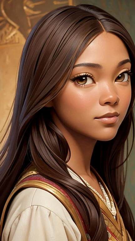 oil painting by Leonardo da Vinci, true-to-life portrayal, close up of Gabrielle Union's face with skin , fine nose, long hair, her eyes are sweet and vibrant, your symmetrical face, dark skin with rich coffee, luminosidade suave da tocha no rosto por REMBRADT, Adobe Illustration, trends on ArtStation, 8k, High definition, cinematic, work of art, magnificent art, best qualityer, romanticism renaissance period, oil on canvas, rich blue background