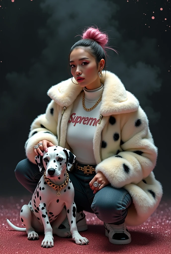 beautiful tanned japanese woman, wearing a designer fur puffer crop dalmatian print jacket , and white turtle neck t-shirt underneath the coat, write "SUPREME" with glitter on t-shirt, (t-shirt tucked in) (t-shirt underneath pants) tucked in the t-shirt inside underneath jeans pants, chain necklace, diamond rings, hoop earring, big diamond buckle leather belt, thick eyebrows, photorealistic, masterpiece, moncler, messy bun pink highlighted hair, open the jacket, lips pouting, pouts, void black background with smokes, glitters and particles and nice lighting, UHD, HDR, 8k, Masterpiece, beside her a big adult dalmatian wearing gold collar, squatting on glittery floor, rap pose, squat pose, petting dog's head, eyes looking at camera.