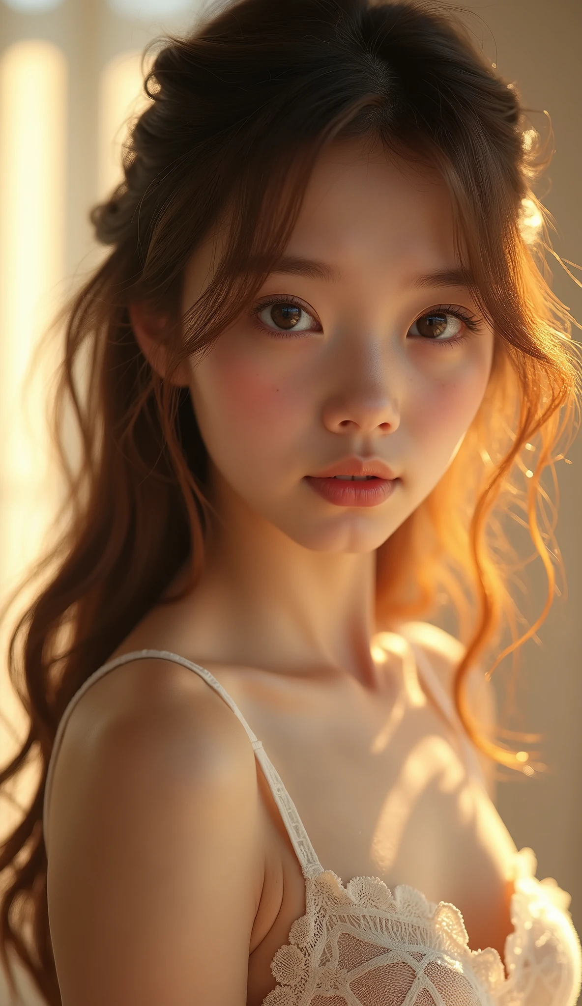 raw photo, 1young girl, kawaii, brown eyes, unique, individual, distinctive face, extremely detailed eye and face, fair skin, lace cute bra, beautiful breasts, upper body, (Best Quality, highly detailed:1.2) High-definition raw color photos, professional photograpy, Realistic portrait, sunset shining through the window