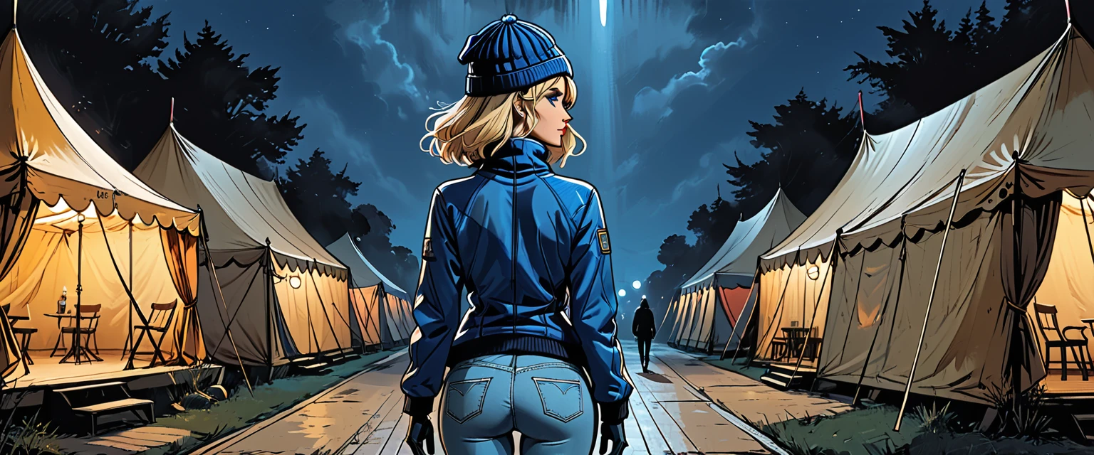 back view, (inside circus tent), inside, dark, night, dark atmosphere,  ((turned back girl in Blue zipped up down winter jacket and black turtleneck )) and (jeans) and blue gloves and (((blue winter hat)))) walking outside, adult, [Nordic], Hourglass elongated fitness body, perfect Olive skin, Oval Face, Long neck, Rounded shoulders, perfect hand, Attached Pointed ears, round forehead, (Short blonde Waves pixie hair), snub nose, Arched eyebrows, ((Monolid blue Eyes)), High Round Narrow cheekbones, Dimpled Cheeks, Rounded Chin, Rounded Jawline, Full nude Lips, (blue eyes), Nude Makeup Look, long eyelashes, third breast size, long slim fitness legs, graphic style of novel comics, perfect hands, 2d, 8k, hyperrealism, masterpiece, high resolution, best quality, ultra-detailed, super realistic, Hyperrealistic art, high-quality, ultra high res, highest detailed, lot of details, Extremely high-resolution details, incredibly lifelike, colourful, soft cinematic light,