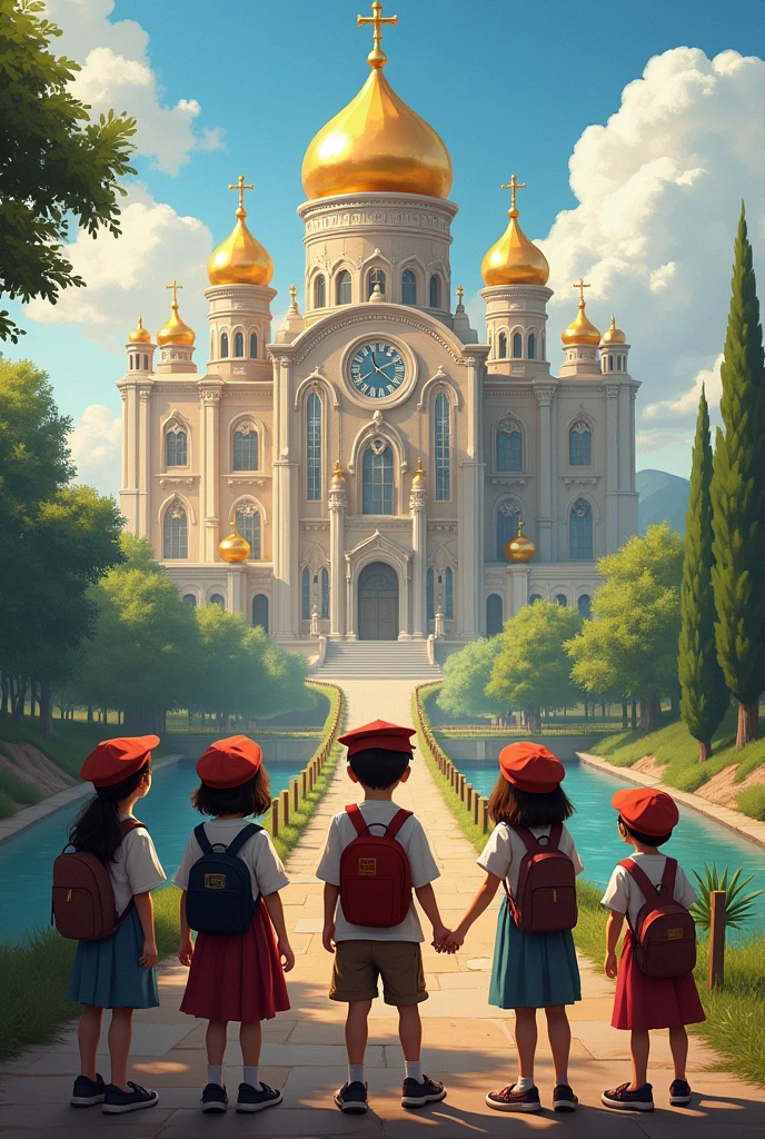 Early in the morning, the children take a trip to a big city. The roads are winding and the rivers are calm. The city is known for its ancient university. This university is religious and the charm of its beauty and its luxurious buildings sparkle under the rays of the sun and looks like an artistic painting. The children stand in front of the school and are amazed. The children have beautiful school caps on their heads.
