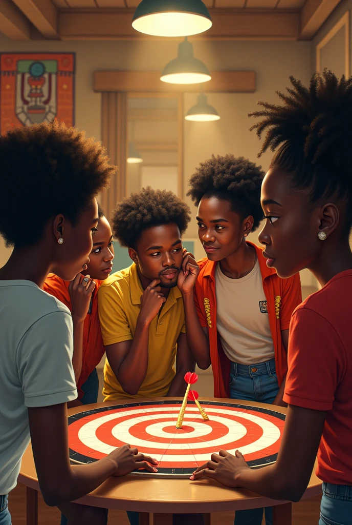 Focused african university students playing darts with a bullseye scored. Image must be art style.