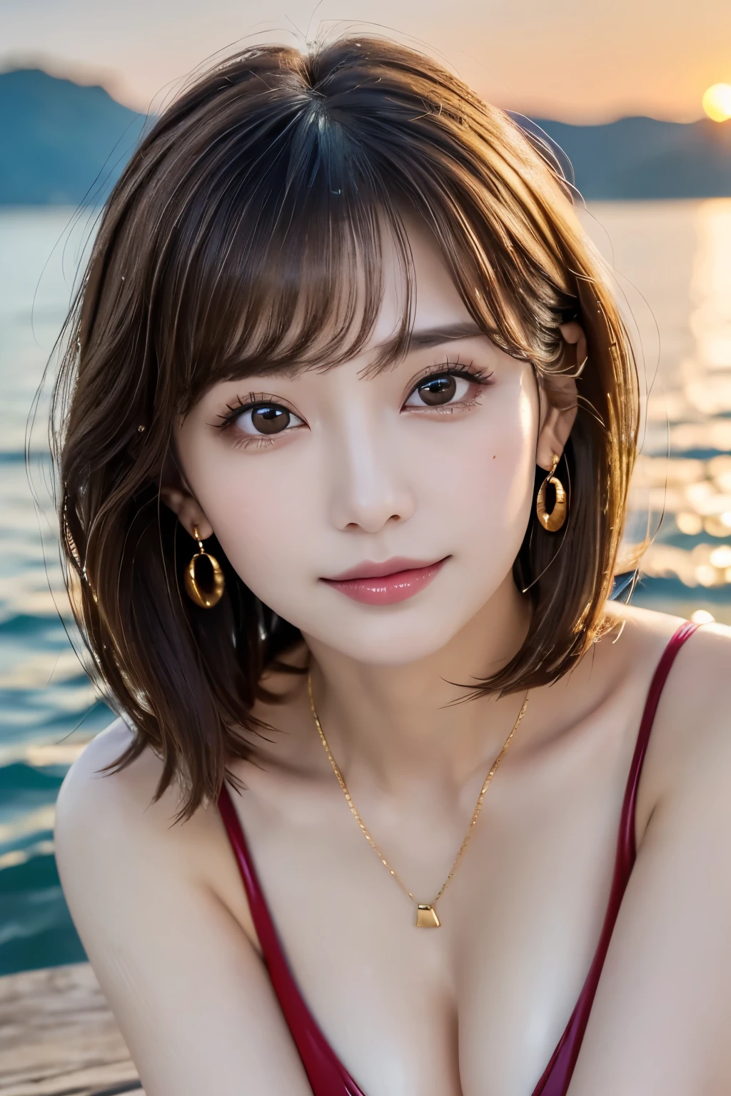 masterpiece, (photoGenuineistic: 1.4), Highest quality, beautifulしい照明, Single women, alone, jewelry, Earrings, (Iris、Big eyes:1.2), (Brown Hair、short hair、Wavy Hair:1.2), Outdoor, 大きなchest, Scapula, sparkling lips,smile、sunset,Genuine, bangs, (Golden ratio face、plump lower lip:1.2)、Detailed eyes、Detailed nose、Fine ears、Wet glossy lips detail、cloud, Color Stone Necklace, (chest:1.4),(CG Unity 8k Highly Detailed Wallpaper), Complex, Attention to detail, Sharp focus, dramatic, beautiful、(A woman in a swimsuit enjoying the calm sea, She spread her arms and legs:1.3)