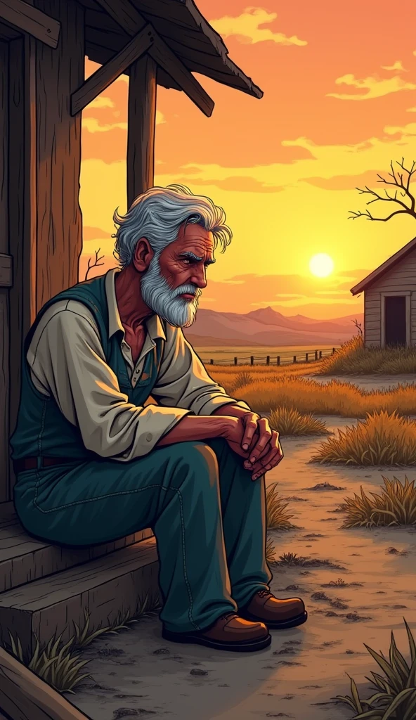 The old farmer is sitting outside his farmhouse, looking sad and regretful. His face is downcast, with sorrowful eyes staring at the ground. He is back in his old, worn-out clothes, symbolising his loss.
The farm is now barren and quiet, with the sun setting in the background, casting a dim, orange light over the scene. The once lively and hopeful atmosphere has turned gloomy, with no crops growing and the house looking run-down.
Show as cartoons